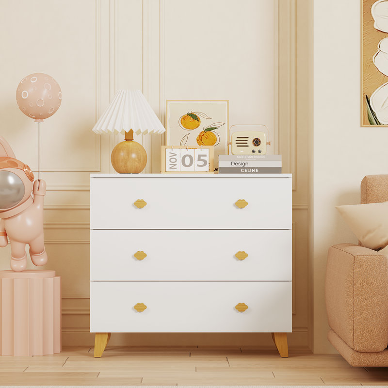 Commode pour enfants avec 3 tiroirs, poignées en bois et pieds en pin, commode en MDF pour chambre d'enfant, armoire de rangement pour chambre de bébé, blanc
