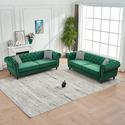 3 Seater & 3 Seater Chesterfield ‌Velvet Upholstery Fabric Sofa With Roll Armrest & Nailhead,Upholstered Mid Century Modern Couch,3+3 Seater Couch For Living Room, Office, Apartment,  Green