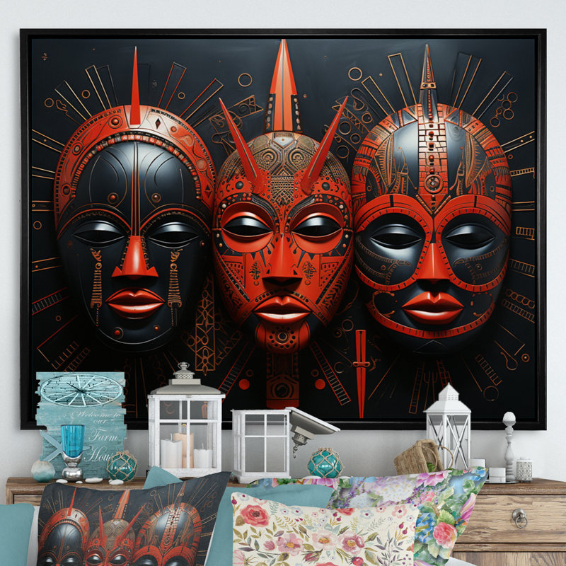 «Cintya Red African Masks I», reproduction sur toile, H 34 po x l 44 po x P 1,5 po, Cadre flottant noir
