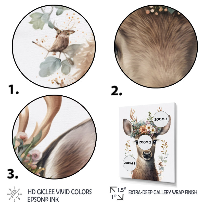 Mignon bébé caribou avec couronne florale I - art mural moderne sur toile, L 12 po x H 20 po, Toile tendue