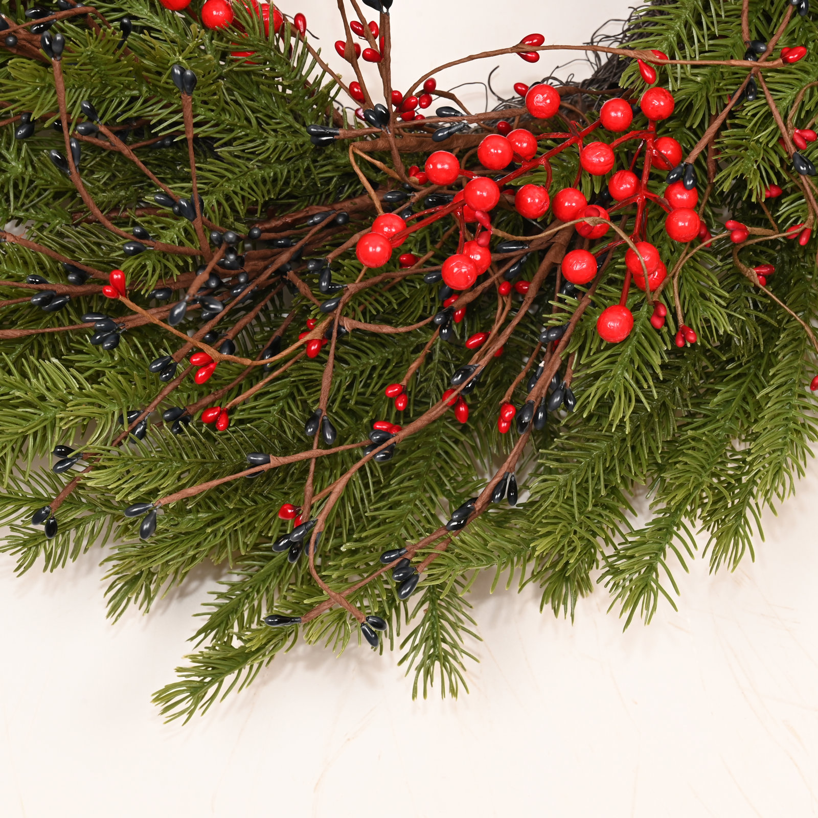 24" Handcrafted Frosted Pine Christmas Wreath, Green/Red/Black