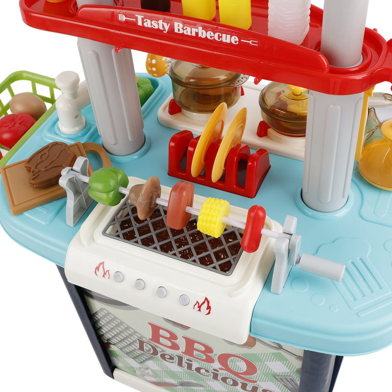 Kids Play Kitchen Set With Fruit And Vegetable Toys – Interactive Stove Burner, Working Oven, BBQ, And Ample Storage, Blue