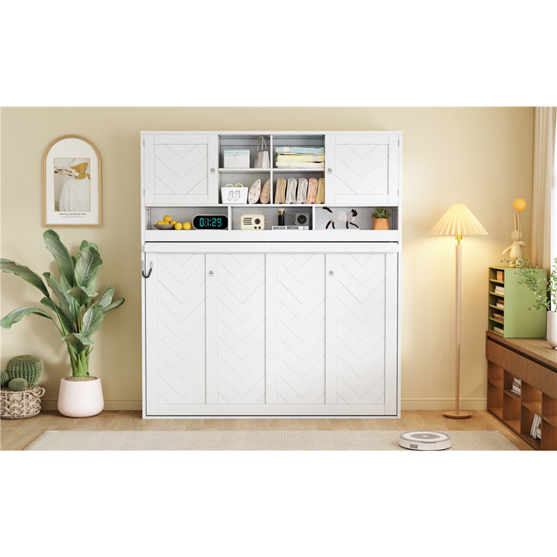 Grand lit mural blanc Serefina avec panneaux décoratifs, grand rangement et capacité de poids de 600 lb avec rayures, pour économiser de l'espace, support de matelas de 6 à 8 pouces