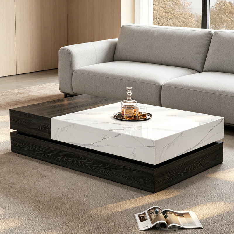 Table basse Minimalisme, White/Tan, 15.35" H x 51.18" L x 27.55" W