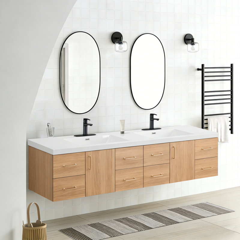 Ensemble de meuble-lavabo mural 84 po avec poignées dorées et lavabos doubles 84 po