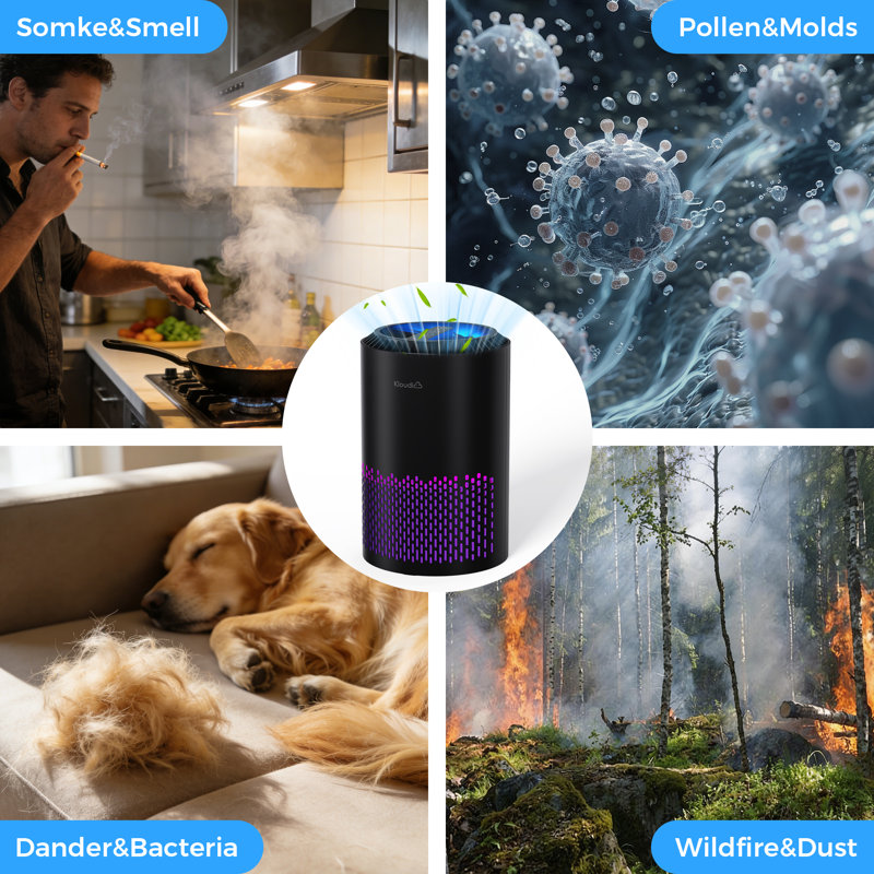 Kloudic Tabletop Air Purifier for Home Pet Hair, Allergies, 99.9% Removal for Room, Up to 1200 Sq.ft/3h, Black