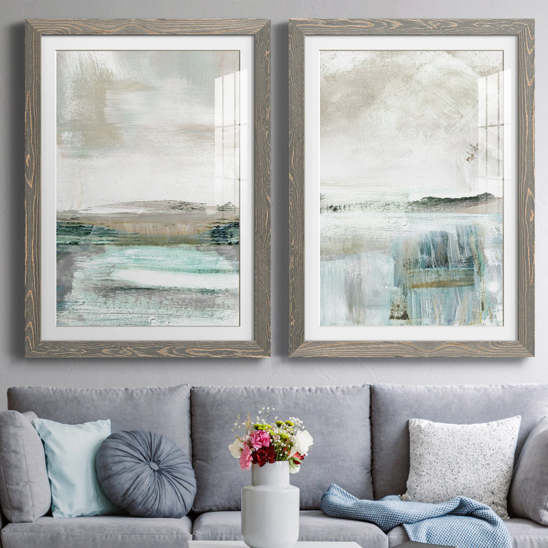 Beatrise Summer Teal I - ensemble de 2 peintures, H 31,5 po x l 47 po, Impression encadrée, Gris