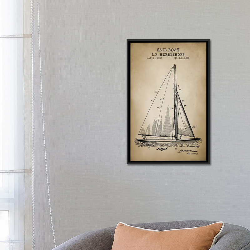 «Nautical, Sailboat», impression sur toile, H 26 po x l 18 po x P 1,5 po, Toile avec cadre noir, Pas de tapis