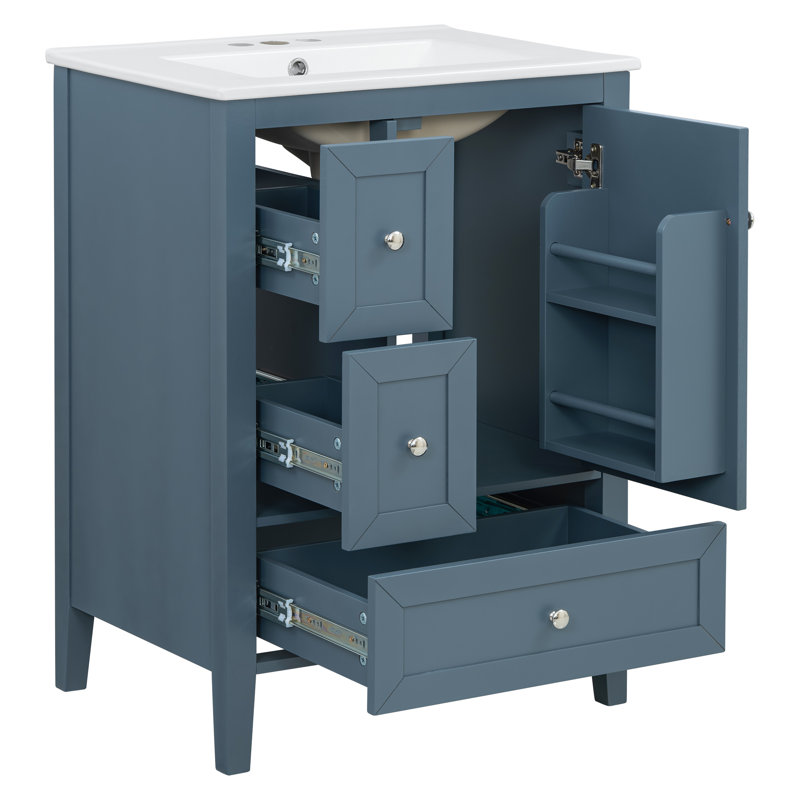 24" Modern Compact Freestanding Bathroom Vanity with 4" Centerset Ceramic Sink Top, Asymmetric 2-Drawer Column & Right Wing-Door with Built-in Door Shelf over Bottom Long Drawer (White & Blue-Grey Finishes)