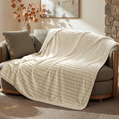 Couverture en molleton réversible imperméable avec texture bullée, protection à trois couches, housse douillette pour animaux de compagnie et famille, housse de protection pour canapé et lit, beige / blanc, 50 x 60 pouces