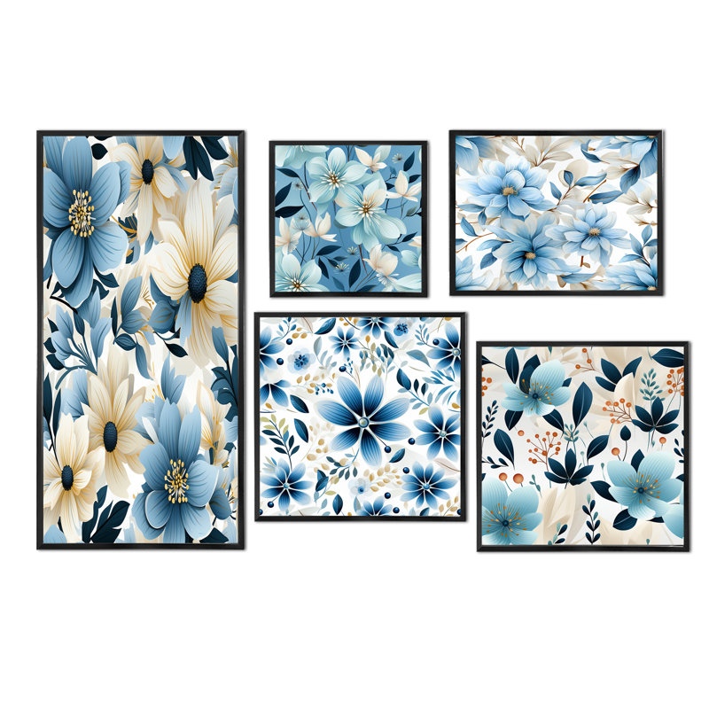 Eline - Ensemble de 5 impressions sur toile florales, Cadre flottant noir
