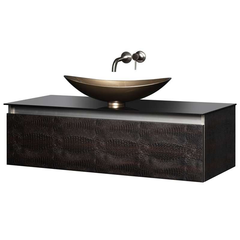 Meuble-lavabo simple avec comptoir, Crocodile foncé, 47", Verre trempé noir