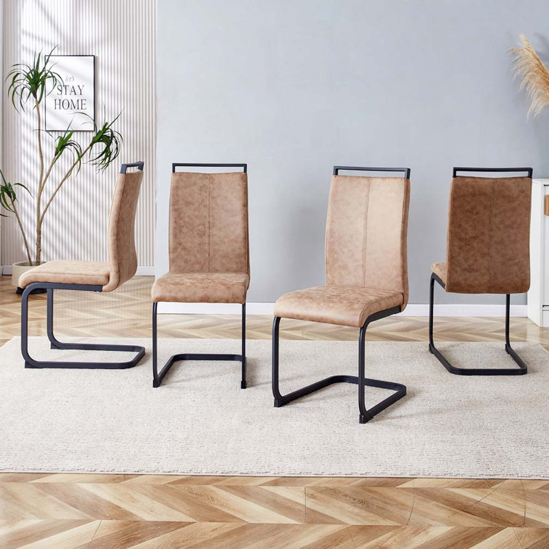 Set of 4 Modern Faux Leather Cantilever Dining Chairs with Vertical Stitching and Metal Base , Tan