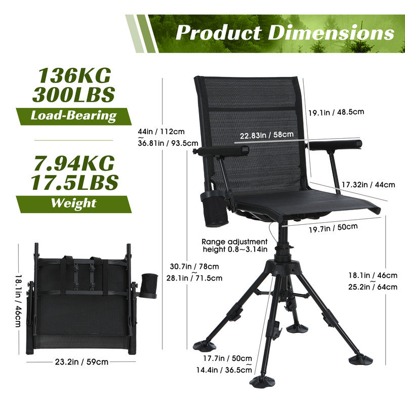 Portable 360° Swivel Hunting Stool with Silent Spin, Adjustable Height, Armrests & Carry Strap, Black - Regular