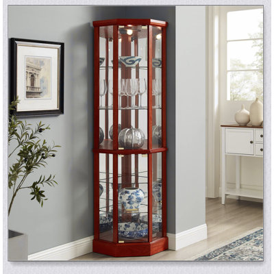 6 Shelf Lighted Corner Curio Cabinet with Adjustable Tempered Glass Shelves and Mirror Back by Red Barrel Studio