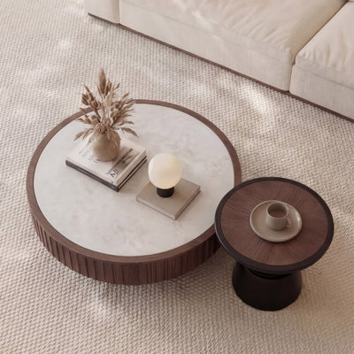 Black&Walnut Sintered Stone + Solid Wood Round Coffee Table Sets