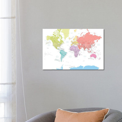 Pastels Detailed World Map With Continents by Blursbyai - Gallery-Wrapped Canvas Giclée on Canvas