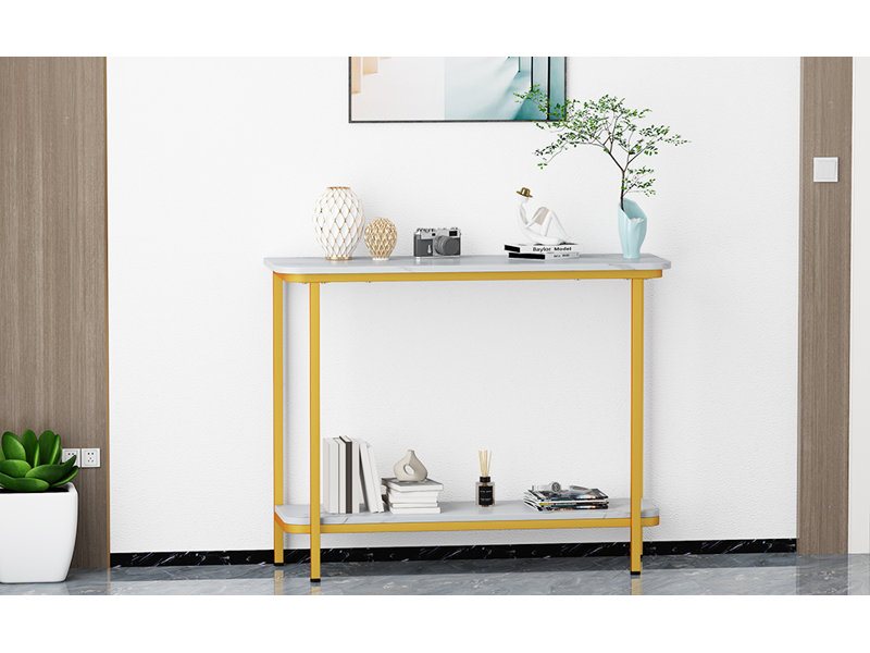 Console 27 po en métal doré et marbre blanc