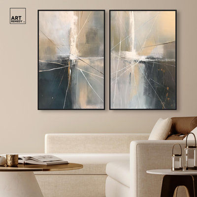 Contemporary Abstract Diptych Canvas Print Gold Boho Wall Decor Set by Art Remedy, White Frame, 36 x 54