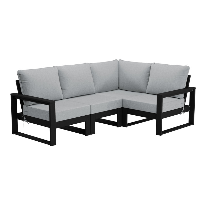 Ensemble de conversation de terrasse 4 pièces avec cadre, Gris clair, Noir, noir, noir, noir