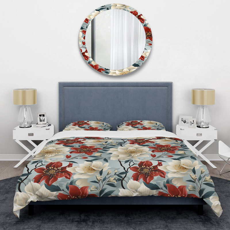 Ensemble de housse de couette à motif floral orchidées rouges et blanches, Housse de couette simple + 1 taie décorative stan
