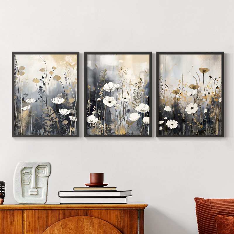Étude florale série Cxxxxi - ensemble de 3 estampes giclées encadrées - prêt à, Cadre noir, H 10 po x l 8 po