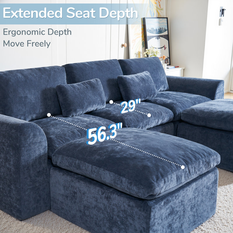 120" Comfy Cloud Couch U Shaped Sectional Sofa, Modular Sectional Sofa, 5-Seater Comfy Cloud Couch with Movable Ottomans, Chenille Sofa Sleeper Deep Seat Couches for Living Room With Two Ottomans