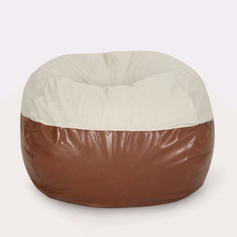 5 Foot Two Color Fabric And Faux Leather Rounded Bean Bag, Beige Faux Leather