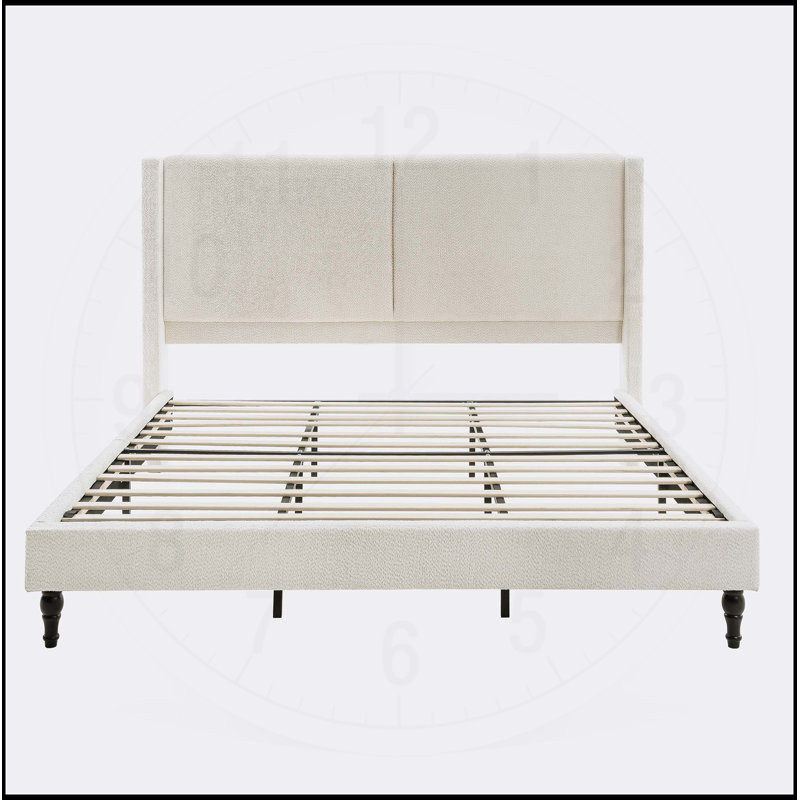 Structure de lit très grand avec tête de lit tapissier à dossier haut, tissu bouclé, support à lattes, panneaux latéraux épaissis, pieds en bois massif, aucun sommier nécessaire