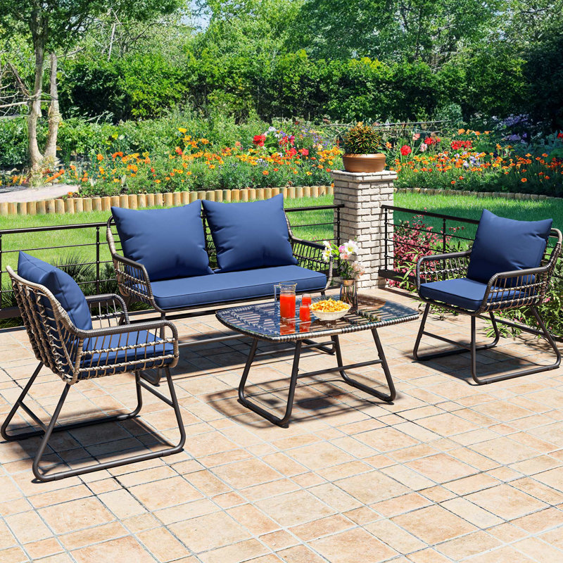 4-Piece Outdoor Bistro Set All-Weather Patio Furniture Conversation Loveseat Chairs, Blue/Black