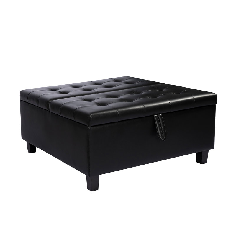 Ciara 35.43" Wide Button Tufted Square Storage Ottoman Upholstered Lift Top Large Ottoman Coffee Table, Black Faux Leather