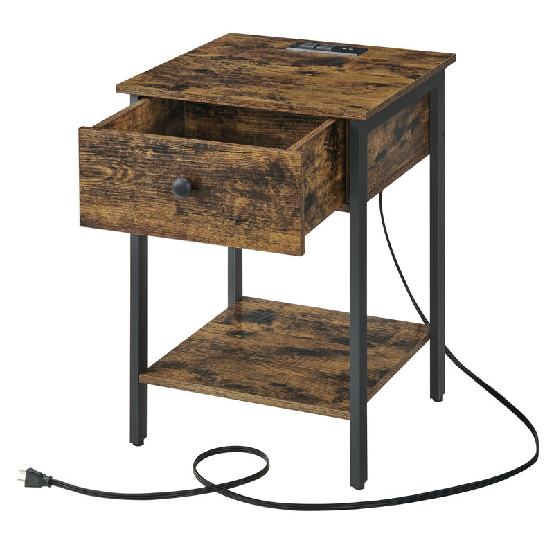 Table de chevet avec station de charge, table d'appoint avec tiroir et tablette ouverte Avenly