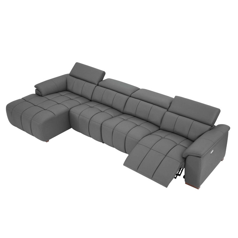 144.87" Genuine Leather Power Reclining Sectional With USB Port, Dark Gray Genuine Leather, Left Hand Facing