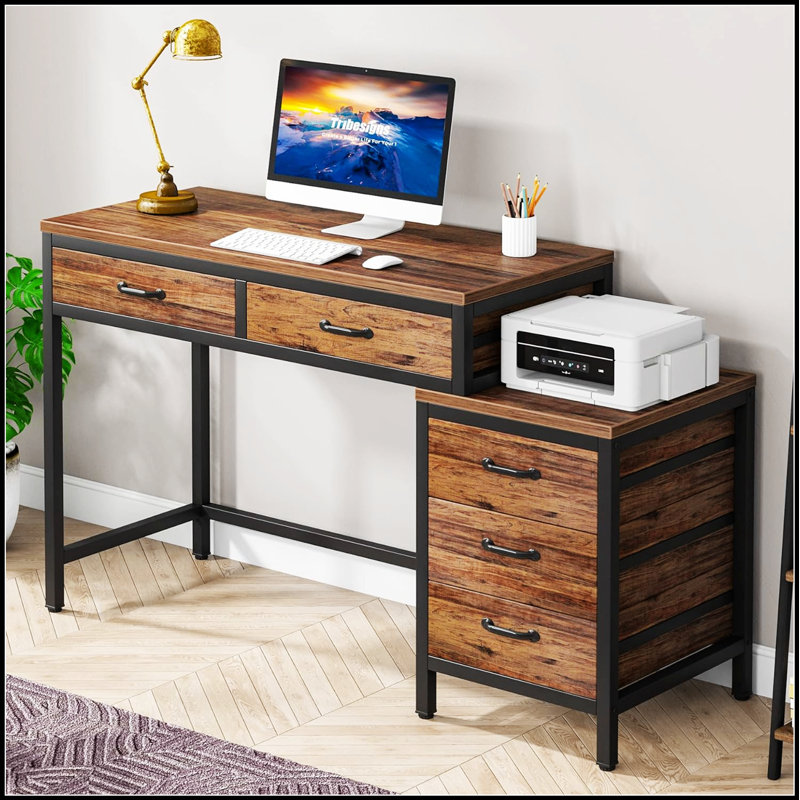 Bureau d'ordinateur réversible de 51 pouces avec 5 tiroirs et classeur, bureau à domicile rustique avec support pour imprimante, table d'écriture industrielle pour petits espaces