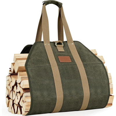 16oz Waxed Canvas Firewood Tote – Heavy Duty, Double Reinforced Straps for Camping & Fireplace