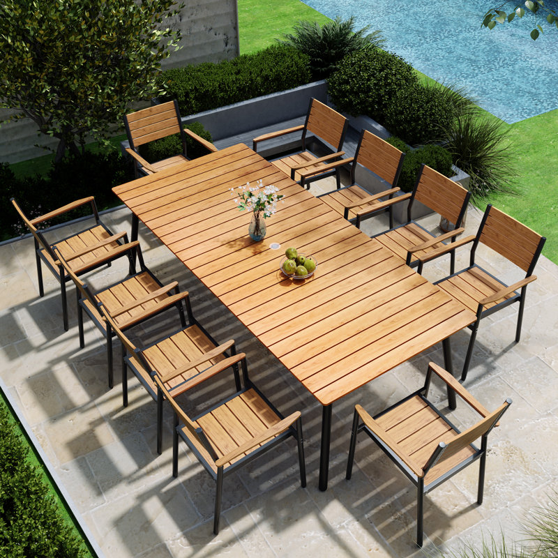 Ensemble repas rectangulaire pour 10 personnes avec trou pour parasol Cyanni, Brun