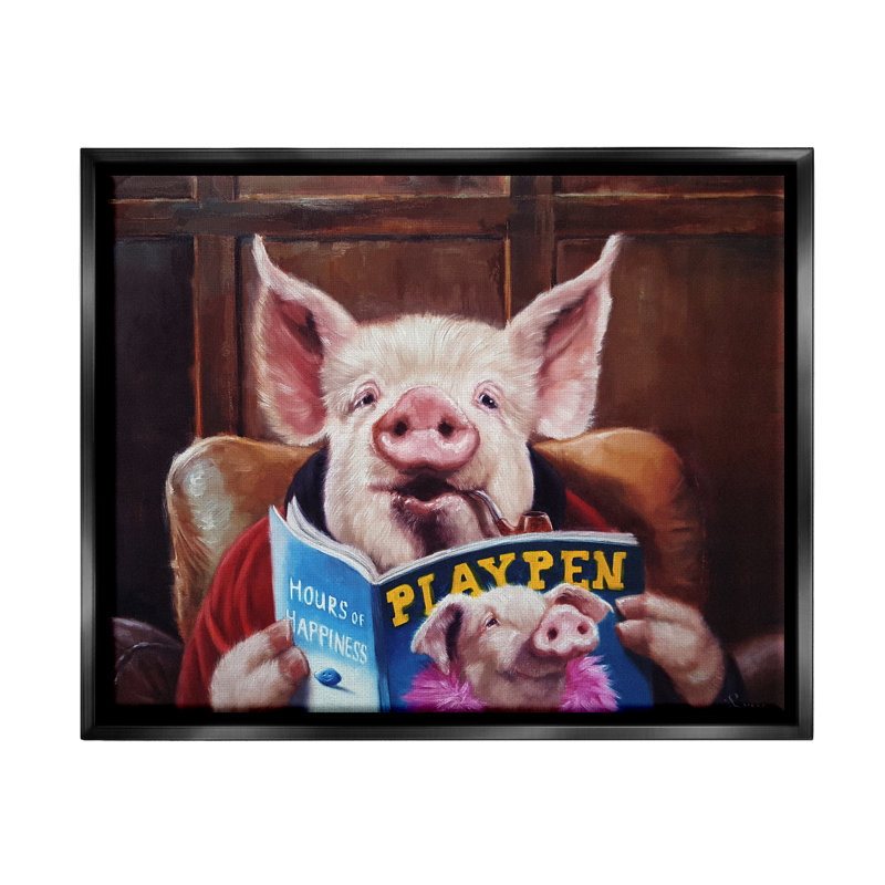 Drôle de cochon «Man Cave» - Peinture, H 25 po x l 31 po x P 1,7 po, Cadre flottant noir de jais