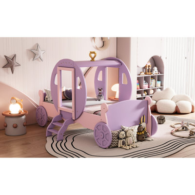 Lit de transport avec couronne, lit de voiture plateforme simple en bois mauve et rose, structure en contreplaqué robuste, poids de 10 lb et 10 lattes