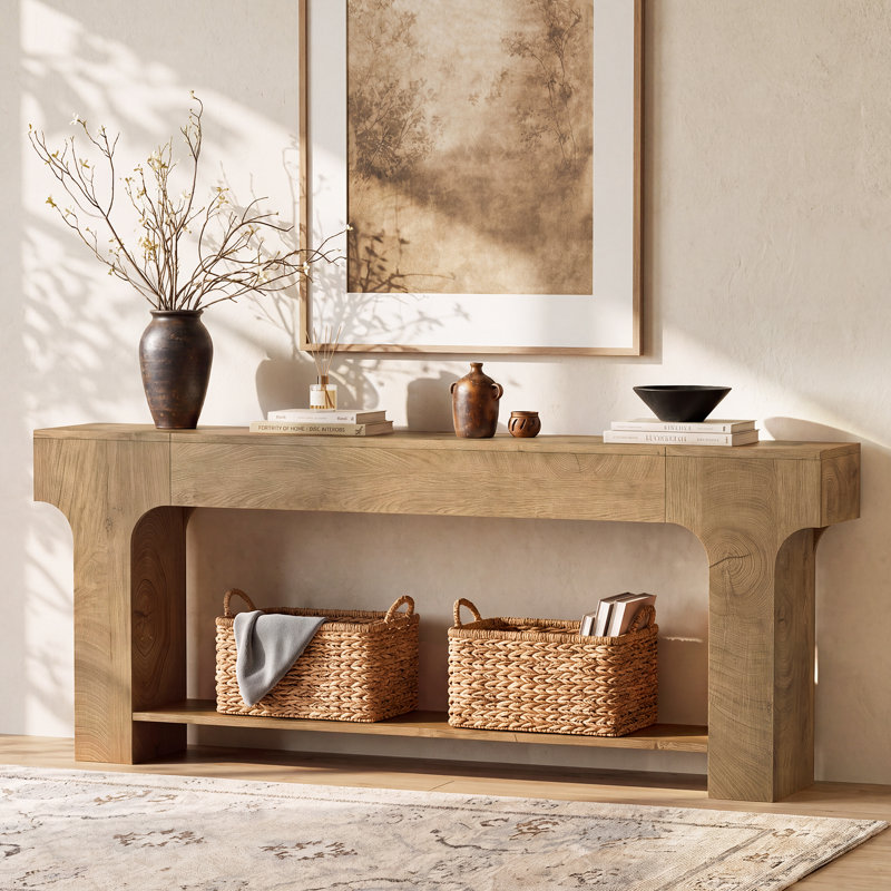 Console extra-longue de 200 cm avec tablette de rangement ouverte