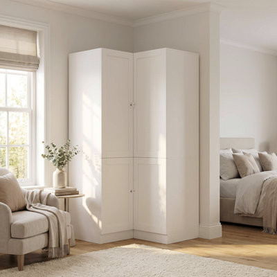L-Shaped Corner Wardrobe Closet, Freestanding Corner Armoire Cabinet with Hanging Rod and Storage Compartments for Bedroom Clothes Organizer