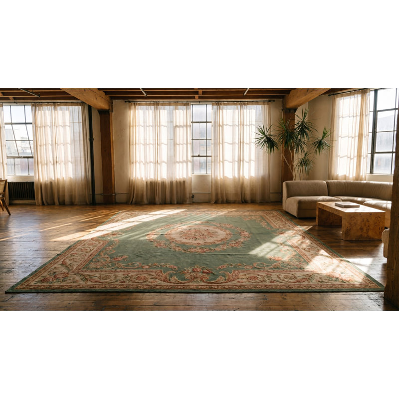 Green Color Floral Medallion Design Antique Square Flatweave French Aubusson Rug