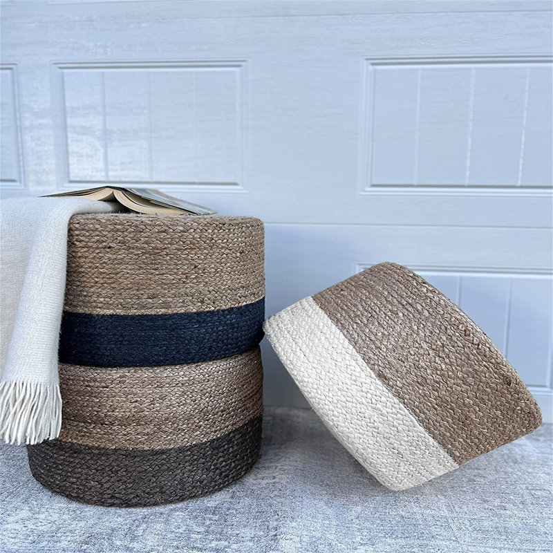 Gray and Beige Handwoven Jute Round Pouf Ottoman