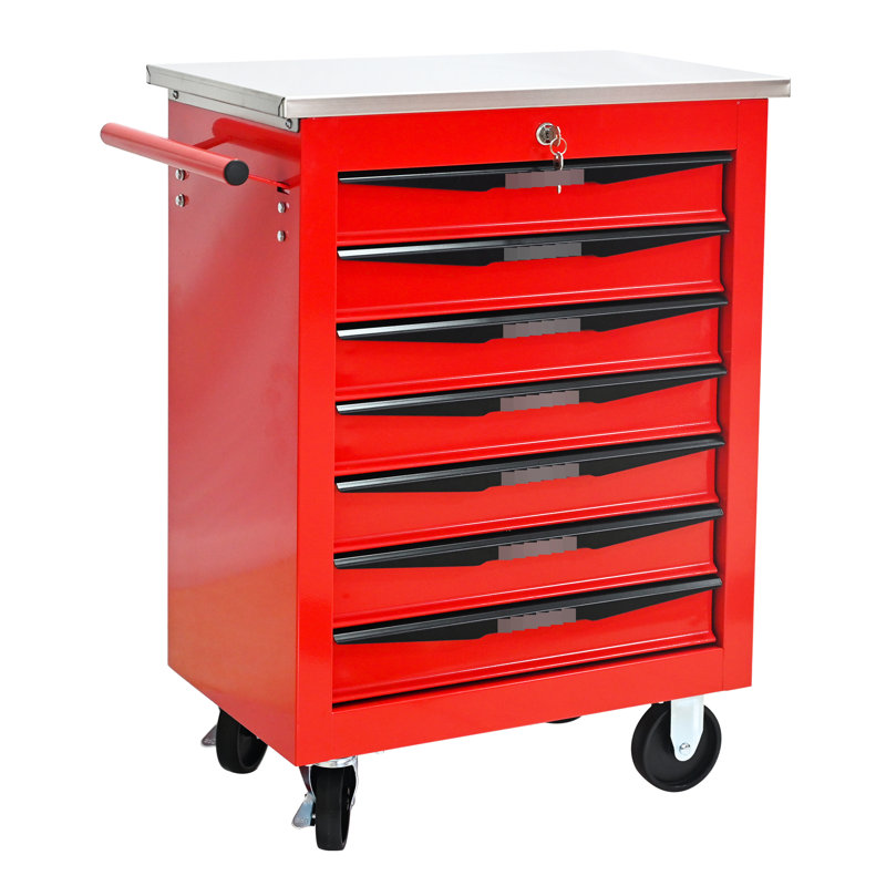 Chariot à outils à roulettes rouge et noir à 7 tiroirs avec roues et toit en acier inoxydable pour l'entrepôt de garage, 4 mécanismes de verrouillage universels, poignée à tirer, glissières de tiroir à roulement multifonctionnelles - atelier, couleur,
