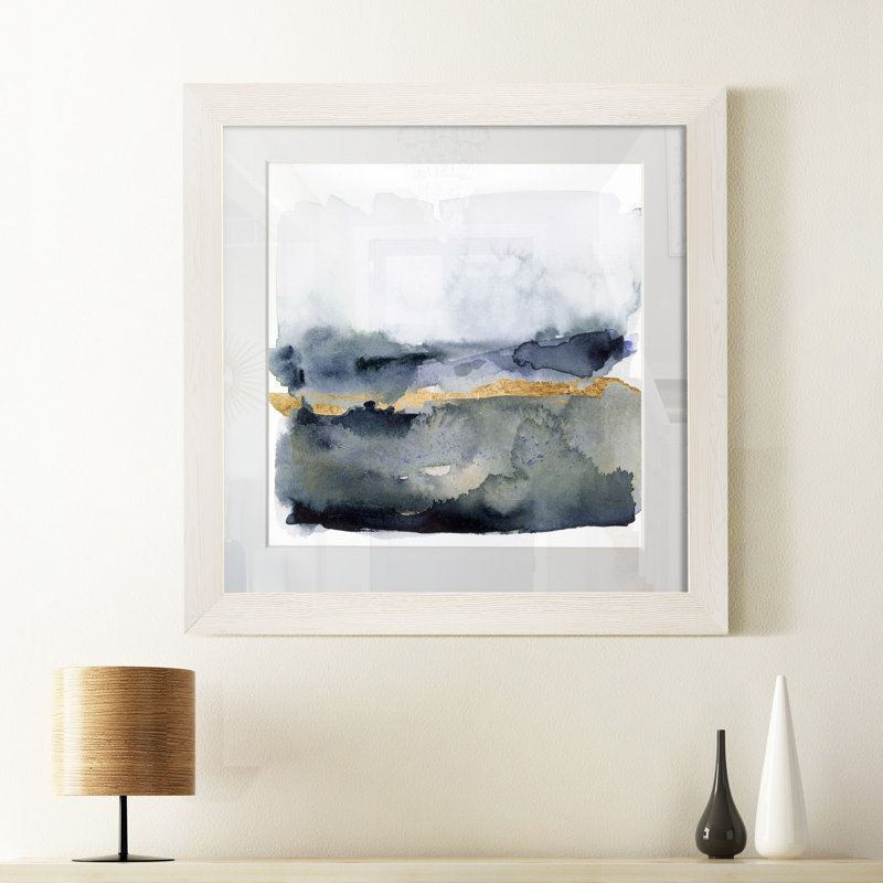 « Golden indigo II », peinture sur papier encadrée, H 35,5 po x l 35,5 po x P 1,5 po, Cadre blanc