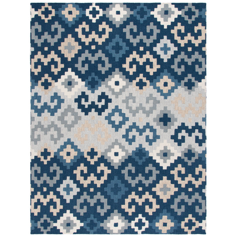 Tapis en laine / coton touffeté à la main Laryiah en ivoire / bleu, Rectangle 8 pi x 10 pi