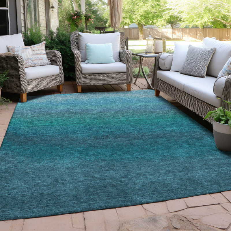 Tapis bleu sarcelle lavable à la machine intérieur / extérieur Xhevrie, Rectangulaire 8 pi x 10 pi