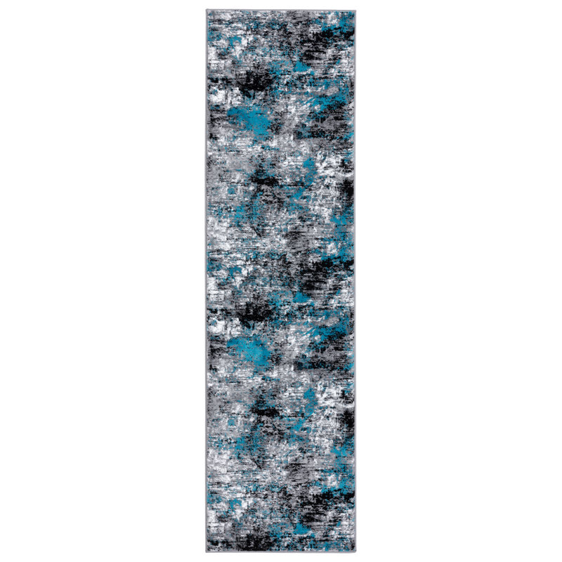 Tapis bleu / gris / noir à motif abstrait Hellie, Tapis de couloir 2 pi 2 po x 7 pi 8 po