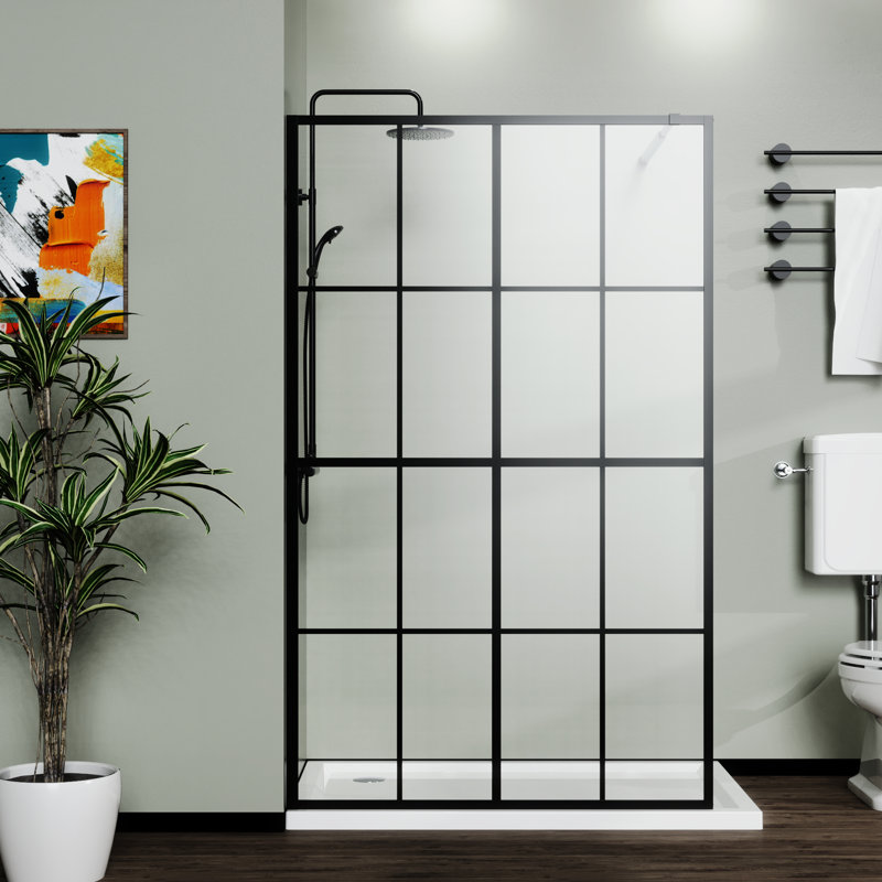 46" X 72" Black Shower Screen For Walk-In - Tempered Glass, Reliable Mount Steady Upper Bar