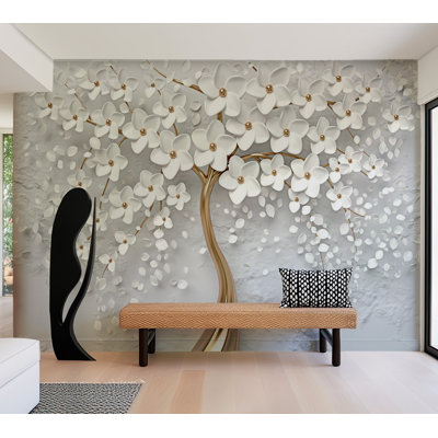 Floral Abstract White Gold Wall Mural