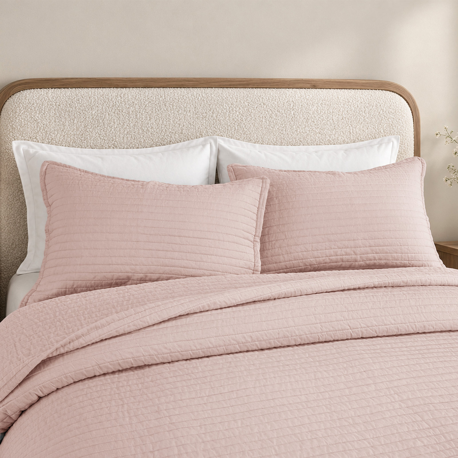 100% French Linen Channel Quilted Breathable Quilt Set With Shams, Queen Quilt + 2 Standard Shams, Misty Rose